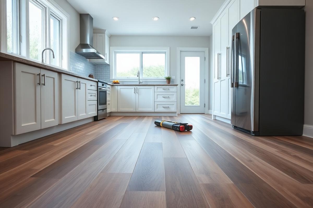 Vinyl plank flooring installation in a bright kitchen in the Greater Toronto Area
